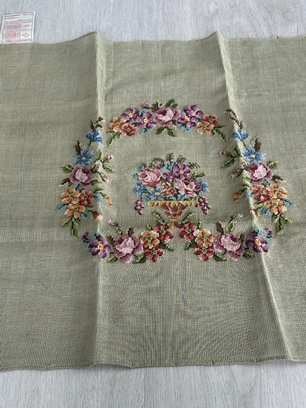 Paternayan Needlepoint Canvas Floral Basket Pink Rose 100% Virgin Wool Vintage